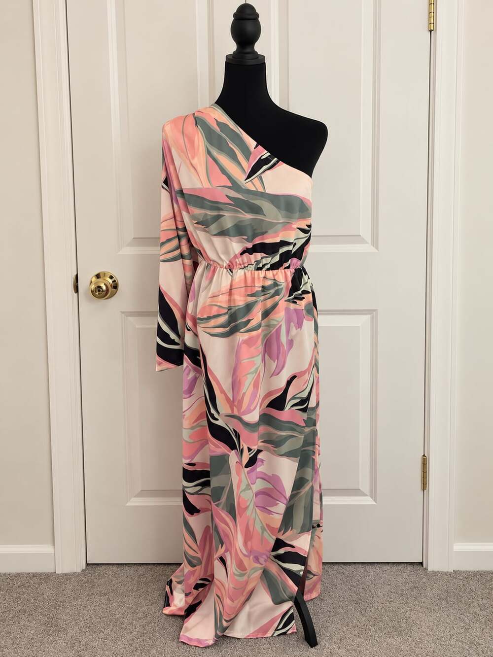 Labelrail x Whatsmitafound Satin Floral One Sleeve Maxi Dress Size 8